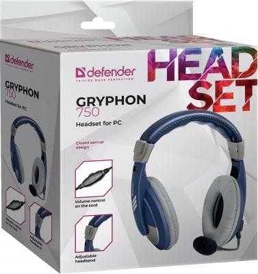 Стереонаушники Полноразмерные Defender Gryphon 750 с микрофоном 2м синие Стереонаушники Полноразмерные Defender Gryphon 750 с микрофоном 2м синие