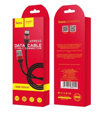 Usb Кабель-зарядка Type-C Hoco X26 Xpress 3A 1м в тканевой оплётке красно-чёрный Usb Кабель-зарядка Type-C Hoco X26 Xpress 3A 1м в тканевой оплётке красно-чёрный