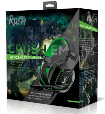Игровая гарнитура RUSH CRUSH&#039;EM, LED-подсветка, динамики 50мм, микрофон, черн/зел (SBHG-9640)/20 Игровая гарнитура RUSH CRUSH'EM, LED-подсветка, динамики 50мм, микрофон, черн/зел (SBHG-9640)/20