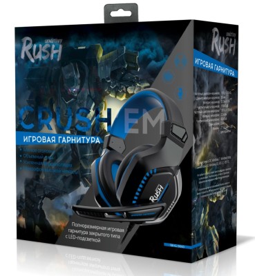 Игровая гарнитура RUSH CRUSH&#039;EM, LED-подсветка, динамики 50мм, микрофон, черн/синяя (SBHG-9660)/20 Игровая гарнитура RUSH CRUSH'EM, LED-подсветка, динамики 50мм, микрофон, черн/синяя (SBHG-9660)/20