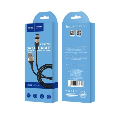 Usb Кабель-зарядка Type-C Hoco X26 Xpress 3A 1м в тканевой оплётке чёрный Usb Кабель-зарядка Type-C Hoco X26 Xpress 3A 1м в тканевой оплётке чёрный