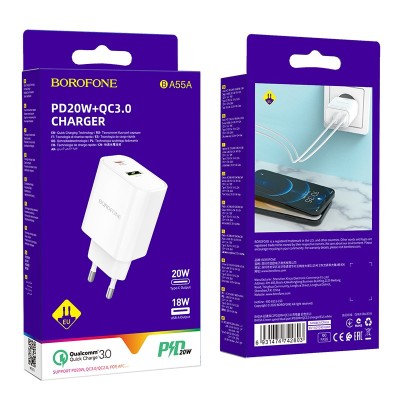 Сетевое зар. устр. Borofone BA55A 1USB/18W 1C/20W белое Сетевое зар. устр. Borofone BA55A 1USB/18W 1C/20W белое