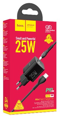 Сетевое зар. устр. Hoco N19 с шнуром Type-C на Type-C 1C 25W черное Сетевое зар. устр. Hoco N19 с шнуром Type-C на Type-C 1C 25W черное