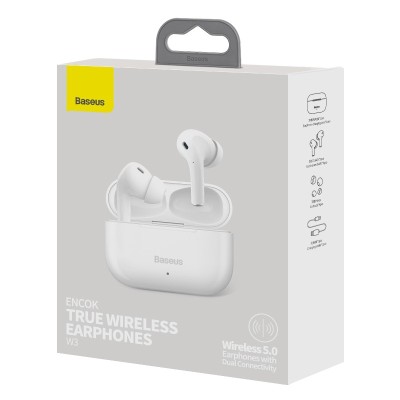 Мобильная Bluetooth-гарнитура Baseus Encok W3 BT5.0/37mAh (200mAh)/4ч (NGW3-02) белая Мобильная Bluetooth-гарнитура Baseus Encok W3 BT5.0/37mAh (200mAh)/4ч (NGW3-02) белая