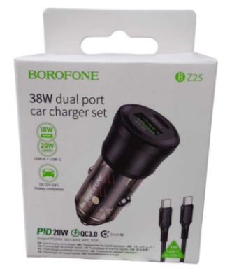 Автомобильное заряд. устр. Borofone BZ25 1USB/1USB-C с кабелем C-C PD20W+QC3.0 38W черное Автомобильное заряд. устр. Borofone BZ25 1USB/1USB-C с кабелем C-C PD20W+QC3.0 38W черное