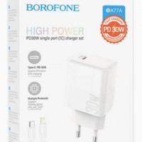 Сетевое зар. устр. Borofone BA77A с кабелем Type-C на Lightning 1C 30W белое