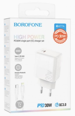 Сетевое зар. устр. Borofone BA77A с кабелем Type-C на Lightning 1C 30W белое Сетевое зар. устр. Borofone BA77A с кабелем Type-C на Lightning 1C 30W белое