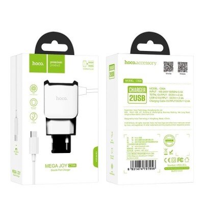Сетевое зар. устр. Hoco C59A 2USB 2.4A с шнуром Micro белое Сетевое зар. устр. Hoco C59A 2USB 2.4A с шнуром Micro белое