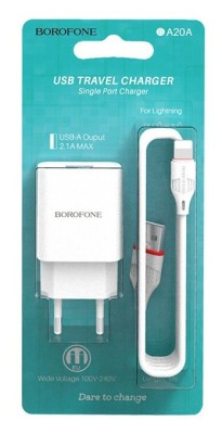 Сетевое зар. устр. Borofone BA20A с шнуром Lightning 1USB 2.1A белое Сетевое зар. устр. Borofone BA20A с шнуром Lightning 1USB 2.1A белое