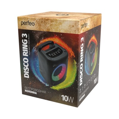 Bluetooth колонка Perfeo &quot;DISCO RING&quot; 3&quot; LED, FM, MP3 USB/microSD, AUX, TWS, MIC, 10Вт, черная Bluetooth колонка Perfeo "DISCO RING" 3" LED, FM, MP3 USB/microSD, AUX, TWS, MIC, 10Вт, черная
