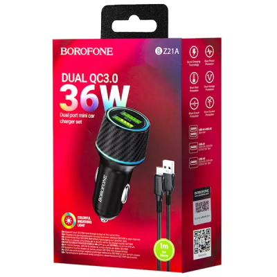 Автомобильное заряд. устр. Borofone BZ21A 2USB 3А QC3.0 36W черное Автомобильное заряд. устр. Borofone BZ21A 2USB 3А QC3.0 36W черное