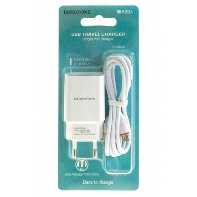 Сетевое зар. устр. Borofone BA20A с шнуром Micro 1USB 2.1A белое Сетевое зар. устр. Borofone BA20A с шнуром Micro 1USB 2.1A белое