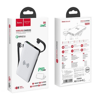 Powerbank с беспроводной зарядкой Hoco S10 10000mAh с шнуром Lightning 1USB/1C/Qi 18W/18W/5W белый Powerbank с беспроводной зарядкой Hoco S10 10000mAh с шнуром Lightning 1USB/1C/Qi 18W/18W/5W белый
