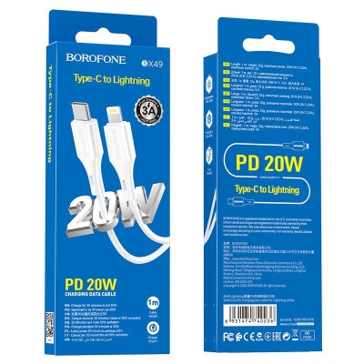 Usb Кабель-зарядка Type-C на Lightning Borofone BX49 Cool PD 3A 20W 1м белый Usb Кабель-зарядка Type-C на Lightning Borofone BX49 Cool PD 3A 20W 1м белый
