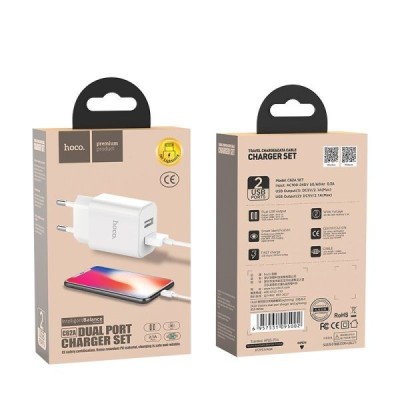 Сетевое зар. устр. Hoco C62A 2USB 2,1A Lightning белое Сетевое зар. устр. Hoco C62A 2USB 2,1A Lightning белое