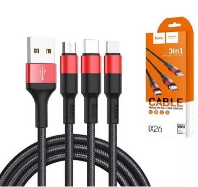 Usb Кабель-зарядка Hoco X26 3в1 Micro/Lightning/Type-C 1м черный Usb Кабель-зарядка Hoco X26 3в1 Micro/Lightning/Type-C 1м черный