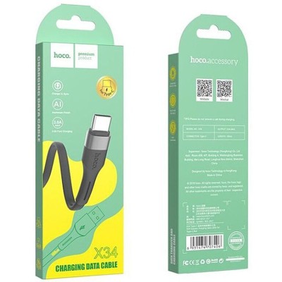 Usb Кабель-зарядка Type-C Hoco X34 Surpass 3A 1м плоский силиконовый чёрный Usb Кабель-зарядка Type-C Hoco X34 Surpass 3A 1м плоский силиконовый чёрный