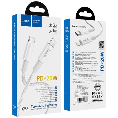 Usb Кабель-зарядка Type-C на Lightning Hoco New original PD X56 3A 20W 1м белый Usb Кабель-зарядка Type-C на Lightning Hoco New original PD X56 3A 20W 1м белый