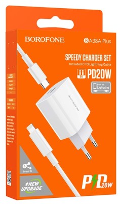 Сетевое зар. устр. Borofone BA38A Plus с шнуром Type-C на Lightning 1C 20W белое Сетевое зар. устр. Borofone BA38A Plus с шнуром Type-C на Lightning 1C 20W белое