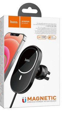 Держатель c беспроводной зарядкой в воздуховод Hoco CA90 (MagSafe) 15W магнитный черный Держатель c беспроводной зарядкой в воздуховод Hoco CA90 (MagSafe) 15W магнитный черный