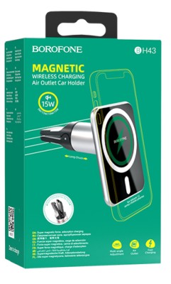 Держатель c беспроводной зарядкой в воздуховод Borofone BH43 (MagSafe) 15W магнитный черный Держатель c беспроводной зарядкой в воздуховод Borofone BH43 (MagSafe) 15W магнитный черный