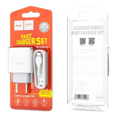 Сетевое зар. устр. Hoco C72A 1USB с шнуром Lightning, белое Сетевое зар. устр. Hoco C72A 1USB с шнуром Lightning, белое
