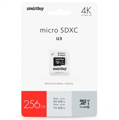 micro SDXC карта памяти Smartbuy 256GB Class 10 PRO U3 R/W:90/70 MB/s (с адаптером SD) micro SDXC карта памяти Smartbuy 256GB Class 10 PRO U3 R/W:90/70 MB/s (с адаптером SD)