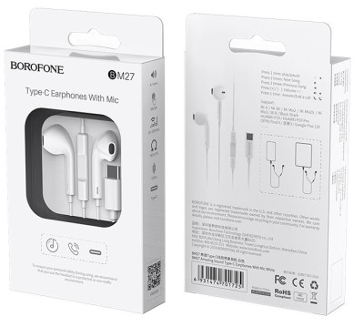 Стереонаушники Borofone BM27 Type-C с микрофоном 1.2м белые Стереонаушники Borofone BM27 Type-C с микрофоном 1.2м белые