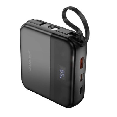 Повербанк с кабелем Borofone BJ64 - 10000mAh/1USB/1C/Lightning 22.5W/PD20W - кабель Type C- lighting - черный Powerbank Borofone BJ64 10000mAh 1USB/1C/Lightning 22.5W/PD20W. Ёмкость батареи: 10000mAh 36Wh Номинальная ёмкость: 5400mAh
 Вход: Type-C: 18W; Lightning：18W
 Выход: Type-C line: 22.5W (QC/FCP/AFC); USB-A：22.5W（QC/FCP/SCP/AFC）； Type-C：20W（PD/QC/FCP/AFC）； Lightning кабель: 5V/2A; общий выход: 5V/2A
 Дисплей LED цифровой.
 Материал: ABS+PC+21700 аккумулятор
 Размер: 84*80*25mm; вес: 198g.