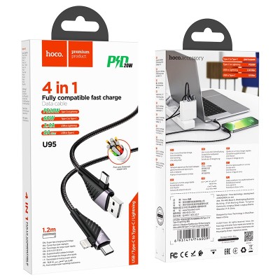 Usb Кабель-зарядка Hoco U95 4-in-1 Lightning/Micro/2Type-C 20W 1.2м в тканевой оплётке чёрный Usb Кабель-зарядка Hoco U95 4-in-1 Lightning/Micro/2Type-C 20W 1.2м в тканевой оплётке чёрный